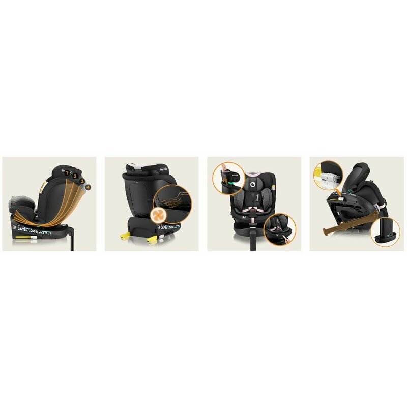 Scaun auto, Lionelo, i-Size Navy, 0-36 Kg, 40-150 cm, Cu isofix si picior de fixare, Protectie laterala, Rotire 360 grade, Ajustare spatar in 4 pozitii, Tetiera reglabila in 11 trepte, Conform cu R129, Negru/Roz