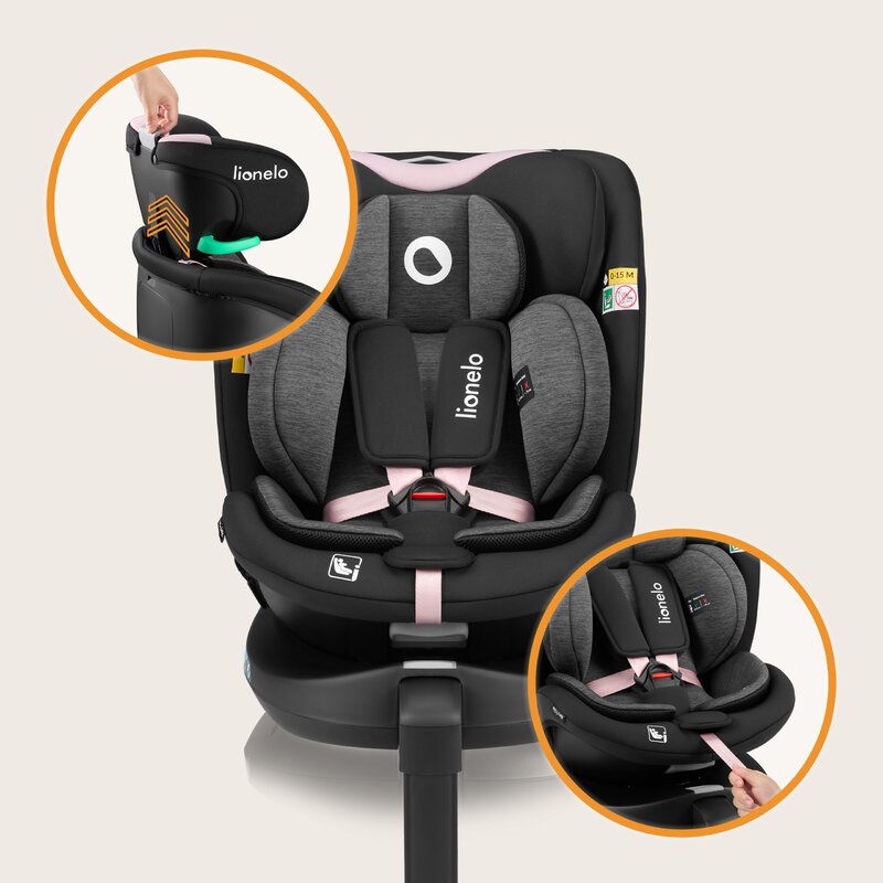 Scaun auto, Lionelo, i-Size Navy, 0-36 Kg, 40-150 cm, Cu isofix si picior de fixare, Protectie laterala, Rotire 360 grade, Ajustare spatar in 4 pozitii, Tetiera reglabila in 11 trepte, Conform cu R129, Negru/Roz