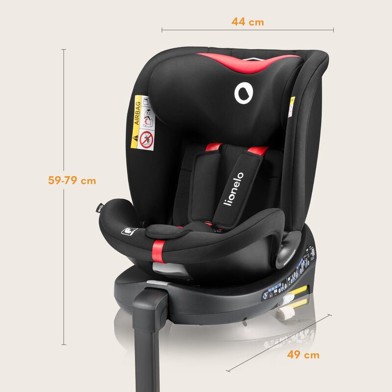 Scaun auto, Lionelo, i-Size Navy, 0-36 Kg, 40-150 cm, Cu isofix si picior de fixare, Protectie laterala, Rotire 360 grade, Ajustare spatar in 4 pozitii, Tetiera reglabila in 11 trepte, Conform cu R129, Negru/Rosu