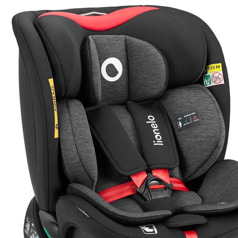 Scaun auto, Lionelo, i-Size Navy, 0-36 Kg, 40-150 cm, Cu isofix si picior de fixare, Protectie laterala, Rotire 360 grade, Ajustare spatar in 4 pozitii, Tetiera reglabila in 11 trepte, Conform cu R129, Negru/Rosu
