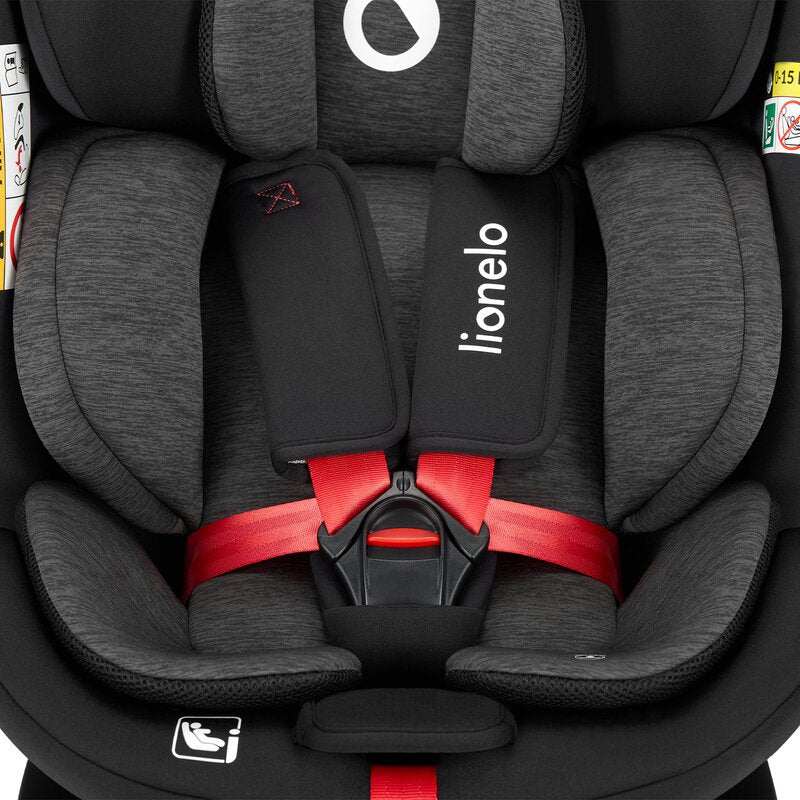 Scaun auto, Lionelo, i-Size Navy, 0-36 Kg, 40-150 cm, Cu isofix si picior de fixare, Protectie laterala, Rotire 360 grade, Ajustare spatar in 4 pozitii, Tetiera reglabila in 11 trepte, Conform cu R129, Negru/Rosu