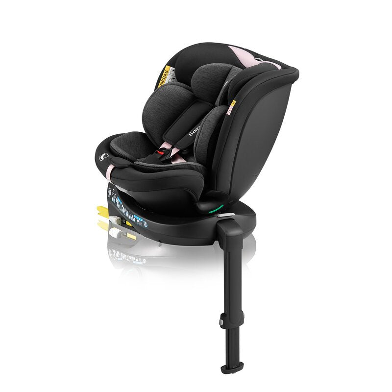 Scaun auto, Lionelo, i-Size Navy, 0-36 Kg, 40-150 cm, Cu isofix si picior de fixare, Protectie laterala, Rotire 360 grade, Ajustare spatar in 4 pozitii, Tetiera reglabila in 11 trepte, Conform cu R129, Negru/Roz
