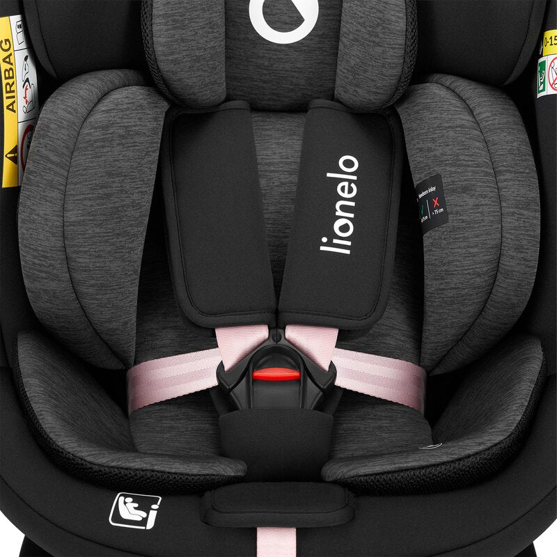 Scaun auto, Lionelo, i-Size Navy, 0-36 Kg, 40-150 cm, Cu isofix si picior de fixare, Protectie laterala, Rotire 360 grade, Ajustare spatar in 4 pozitii, Tetiera reglabila in 11 trepte, Conform cu R129, Negru/Roz