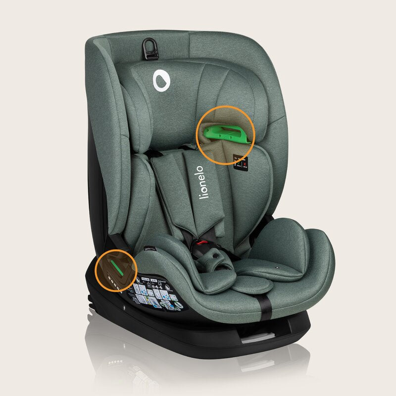 Scaun auto, Lionelo, Lavender I-size, Isofix, Cu centura TopTether, Cu spatar inclinabil in 5 pozitii, Cu tetiera reglabila in 13 pozitii, Instalare cu fata inainte, 9-36 Kg, 76-150 cm, Conform cu ECE R129, Verde - gogobaby.ro