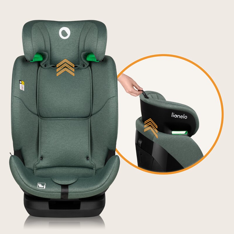 Scaun auto, Lionelo, Lavender I-size, Isofix, Cu centura TopTether, Cu spatar inclinabil in 5 pozitii, Cu tetiera reglabila in 13 pozitii, Instalare cu fata inainte, 9-36 Kg, 76-150 cm, Conform cu ECE R129, Verde - gogobaby.ro