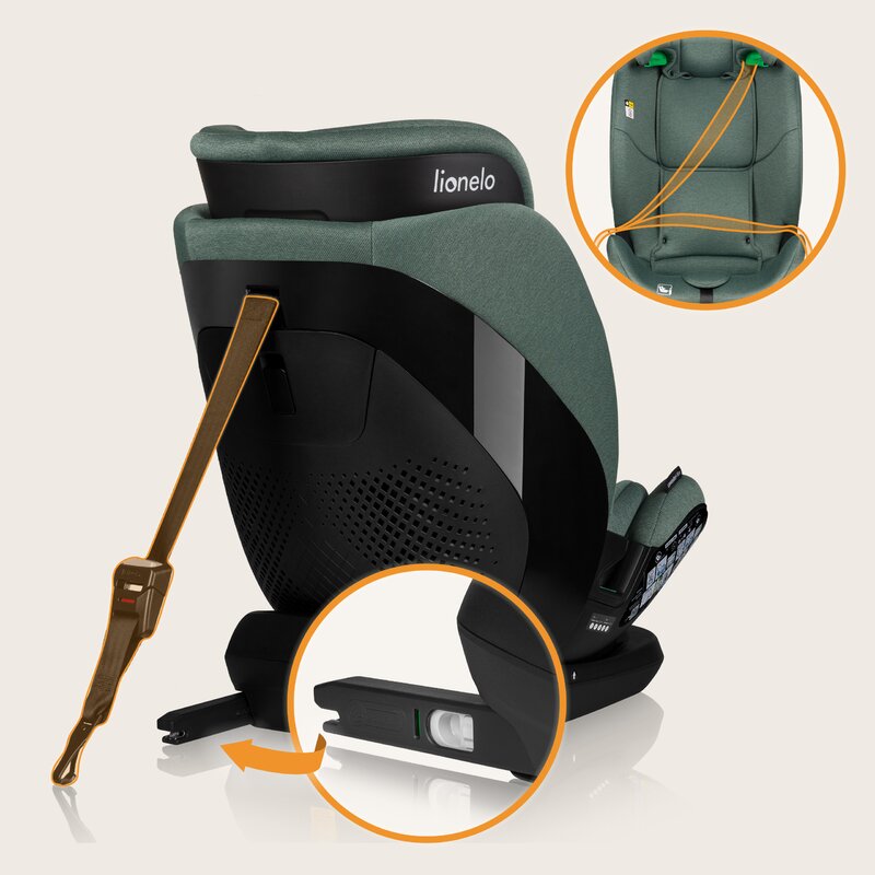 Scaun auto, Lionelo, Lavender I-size, Isofix, Cu centura TopTether, Cu spatar inclinabil in 5 pozitii, Cu tetiera reglabila in 13 pozitii, Instalare cu fata inainte, 9-36 Kg, 76-150 cm, Conform cu ECE R129, Verde - gogobaby.ro