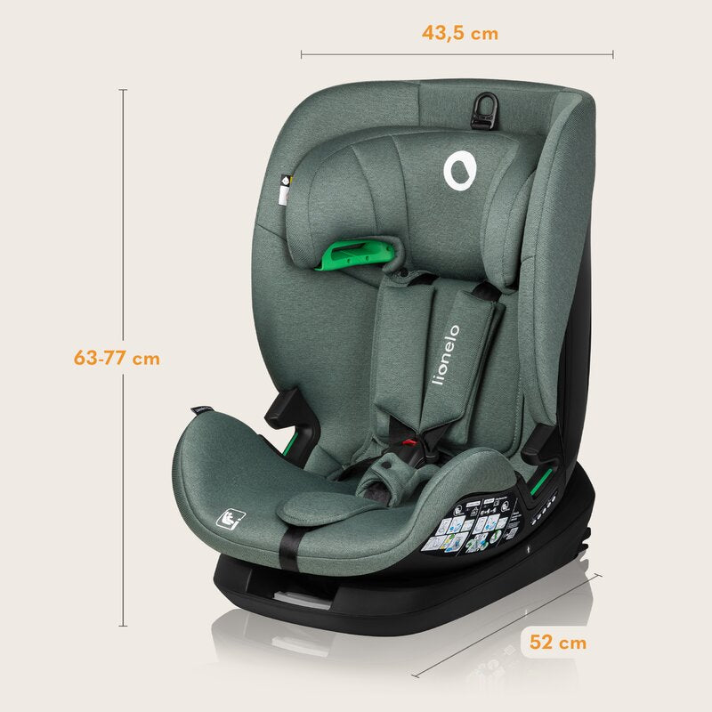 Scaun auto, Lionelo, Lavender I-size, Isofix, Cu centura TopTether, Cu spatar inclinabil in 5 pozitii, Cu tetiera reglabila in 13 pozitii, Instalare cu fata inainte, 9-36 Kg, 76-150 cm, Conform cu ECE R129, Verde - gogobaby.ro