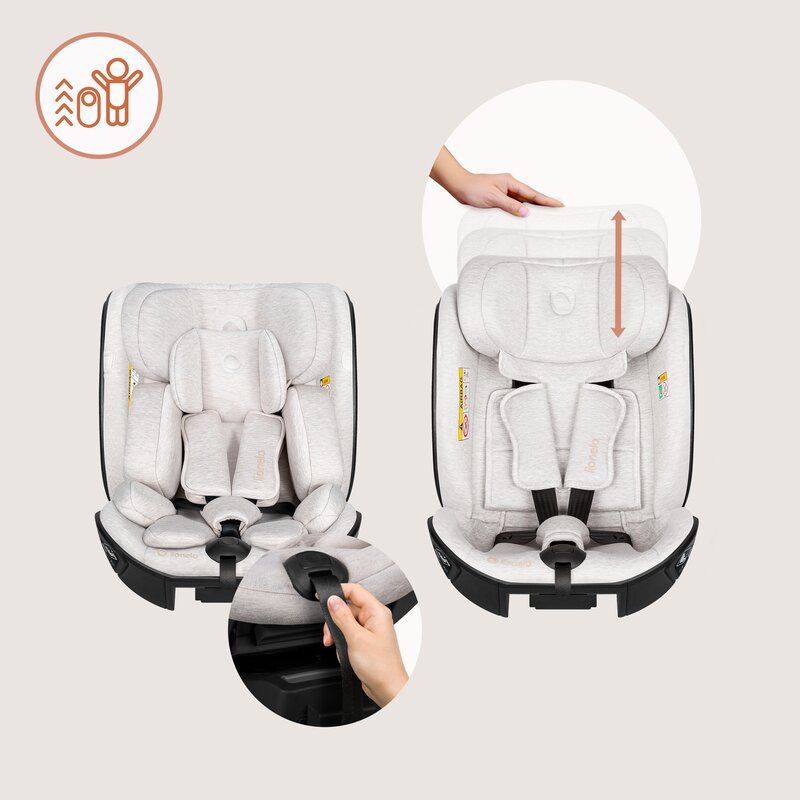 Scaun auto, Lionelo, Moxie Next, i-Size, 40-105 cm, Tetiera reglabila pe 8 trepte, Inclinare spatar in 5 pozitii, Carcasa ventilata, Din bambus, Protectie avansata, Husa detasabila, Conform cu R129, Bej