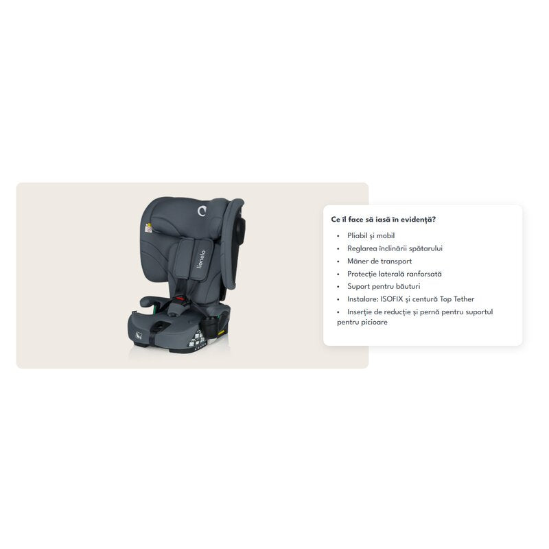 Scaun auto pliabil, Lionelo, Nelly, i-Size, 76- 150 cm, Tetiera reglabila in 15 pozitii, Spatar reglabil in 4 pozitii, Sisteme de fixare Isofix si Top Tether, Sezut lat si confortabil, Conform cu ECE R129, Gri - gogobaby.ro