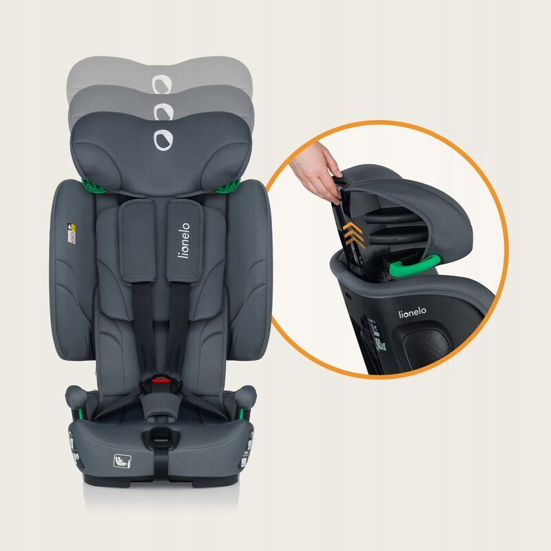 Scaun auto pliabil, Lionelo, Nelly, i-Size, 76- 150 cm, Tetiera reglabila in 15 pozitii, Spatar reglabil in 4 pozitii, Sisteme de fixare Isofix si Top Tether, Sezut lat si confortabil, Conform cu ECE R129, Gri - gogobaby.ro