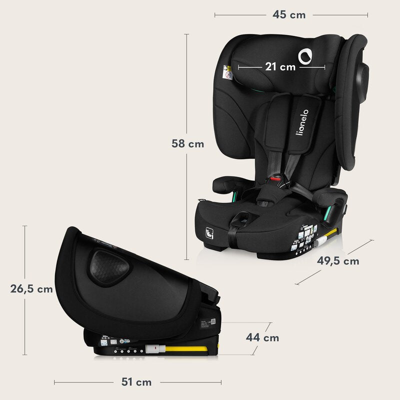 Scaun auto pliabil, Lionelo, Nelly, i-Size, 76- 150 cm, Tetiera reglabila in 15 pozitii, Spatar reglabil in 4 pozitii, Sisteme de fixare Isofix si Top Tether, Sezut lat si confortabil, Conform cu ECE R129, Negru
