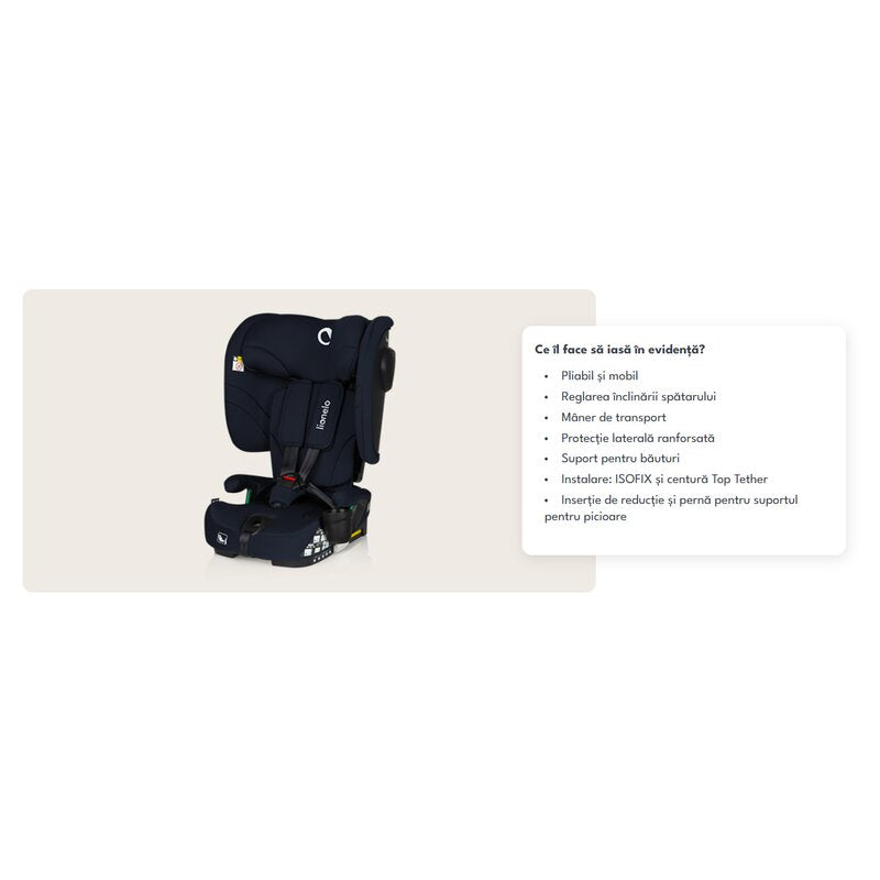 Scaun auto pliabil, Lionelo, Nelly, i-Size, 76- 150 cm, Tetiera reglabila in 15 pozitii, Spatar reglabil in 4 pozitii, Sisteme de fixare Isofix si Top Tether, Sezut lat si confortabil, Conform cu ECE R129, Negru