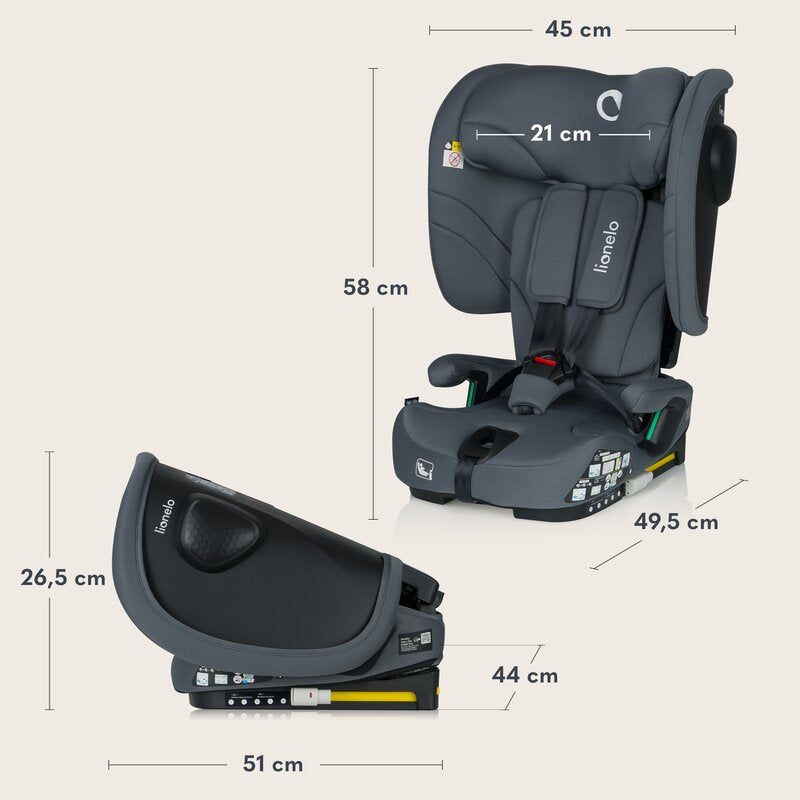 Scaun auto pliabil, Lionelo, Nelly, i-Size, 76- 150 cm, Tetiera reglabila in 15 pozitii, Spatar reglabil in 4 pozitii, Sisteme de fixare Isofix si Top Tether, Sezut lat si confortabil, Conform cu ECE R129, Gri - gogobaby.ro