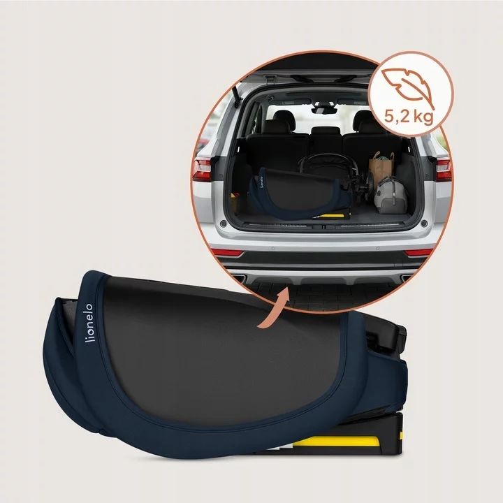 Scaun auto pliabil, Lionelo, Orin, i-Size, 100-150 cm, Tetiera reglabila in 14 pozitii, Spatar in 4 pozitii, Isofix+Top Tether, Sezut ergonomic, Husa transport, Suport sticla, Albastru