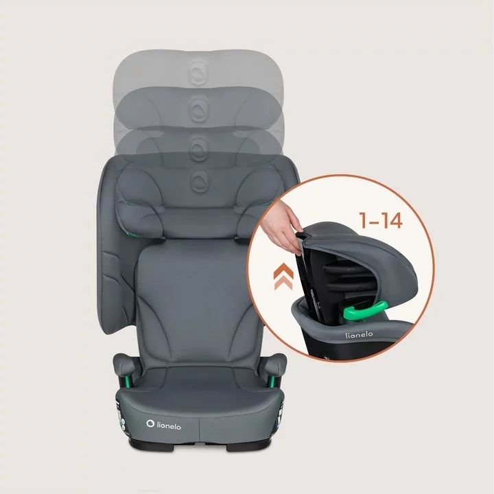 Scaun auto pliabil, Lionelo, Orin, i-Size, 100-150 cm, Tetiera reglabila in 14 pozitii, Spatar in 4 pozitii, Isofix+Top Tether, Sezut ergonomic, Husa transport, Suport sticla, Gri Grafit - gogobaby.ro