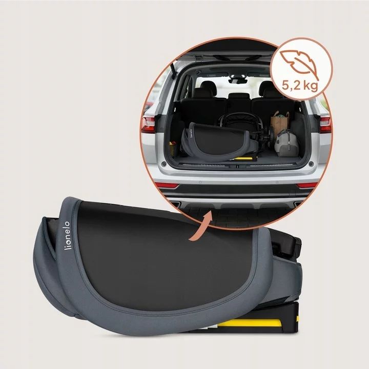 Scaun auto pliabil, Lionelo, Orin, i-Size, 100-150 cm, Tetiera reglabila in 14 pozitii, Spatar in 4 pozitii, Isofix+Top Tether, Sezut ergonomic, Husa transport, Suport sticla, Gri Grafit - gogobaby.ro