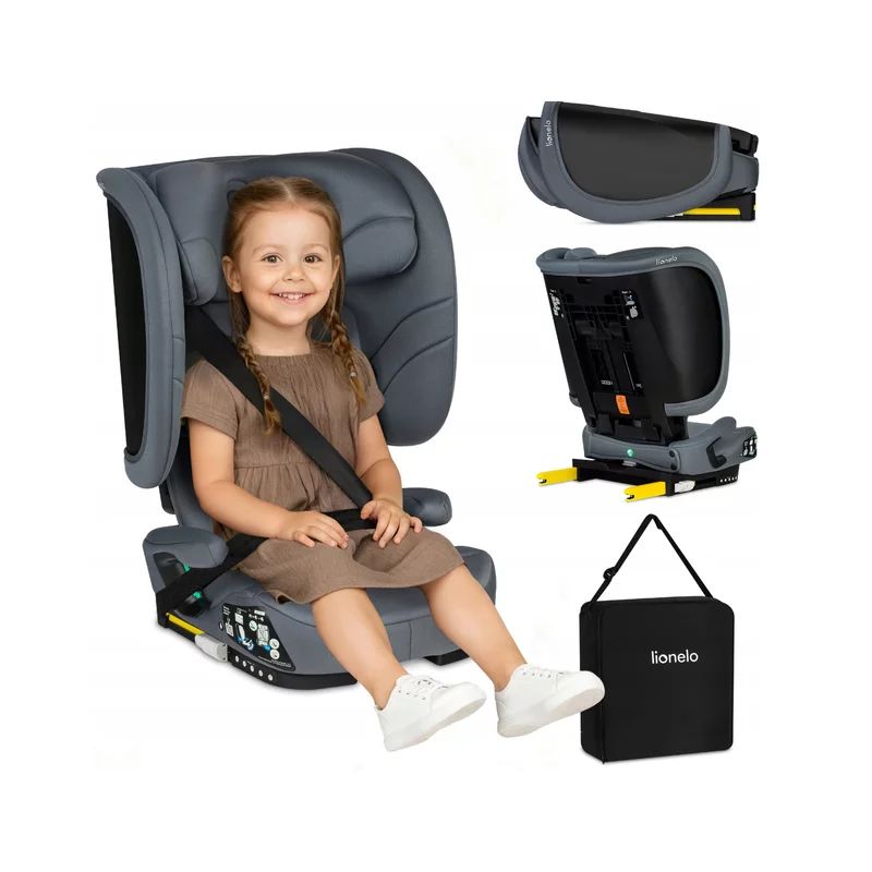 Scaun auto pliabil, Lionelo, Orin, i-Size, 100-150 cm, Tetiera reglabila in 14 pozitii, Spatar in 4 pozitii, Isofix+Top Tether, Sezut ergonomic, Husa transport, Suport sticla, Gri Grafit - gogobaby.ro