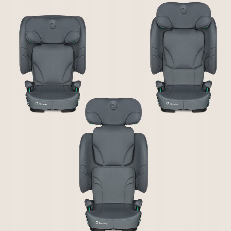 Scaun auto pliabil, Lionelo, Orin, i-Size, 100-150 cm, Tetiera reglabila in 14 pozitii, Spatar in 4 pozitii, Isofix+Top Tether, Sezut ergonomic, Husa transport, Suport sticla, Gri Grafit