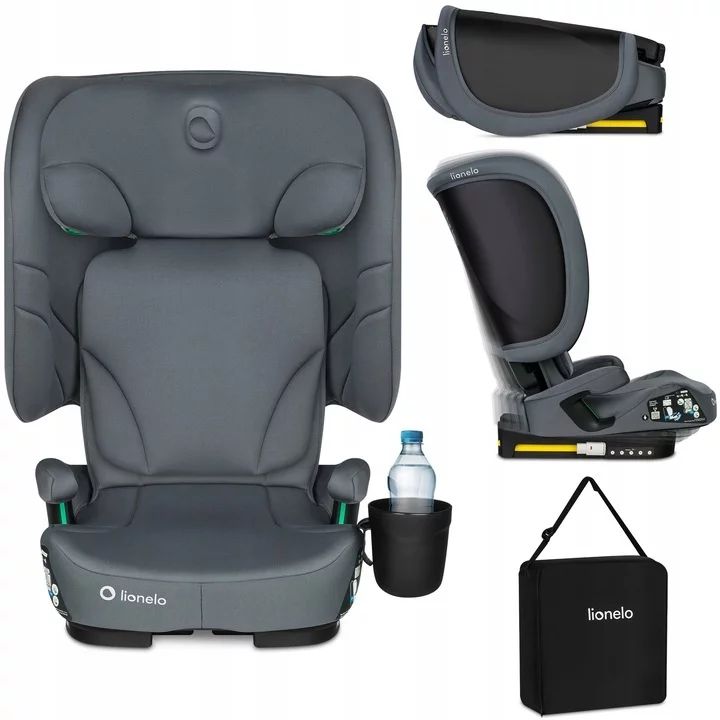 Scaun auto pliabil, Lionelo, Orin, i-Size, 100-150 cm, Tetiera reglabila in 14 pozitii, Spatar in 4 pozitii, Isofix+Top Tether, Sezut ergonomic, Husa transport, Suport sticla, Gri Grafit - gogobaby.ro