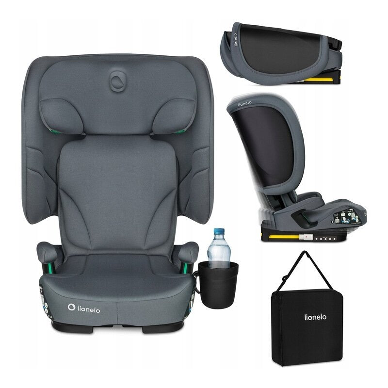 Scaun auto pliabil, Lionelo, Orin, i-Size, 100-150 cm, Tetiera reglabila in 14 pozitii, Spatar in 4 pozitii, Isofix+Top Tether, Sezut ergonomic, Husa transport, Suport sticla, Gri Grafit