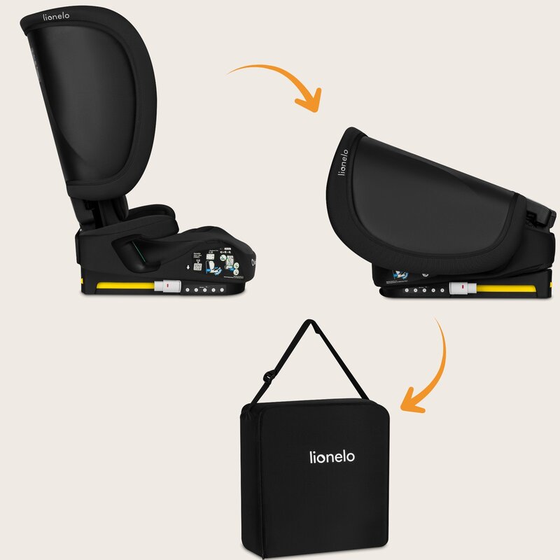 Scaun auto pliabil, Lionelo, Orin, i-Size, 100-150 cm, Tetiera reglabila in 14 pozitii, Spatar in 4 pozitii, Isofix+Top Tether, Sezut ergonomic, Husa transport, Suport sticla, Negru Carbon