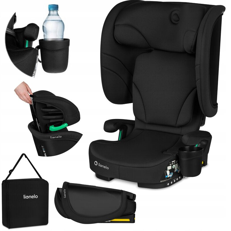 Scaun auto pliabil, Lionelo, Orin, i-Size, 100-150 cm, Tetiera reglabila in 14 pozitii, Spatar in 4 pozitii, Isofix+Top Tether, Sezut ergonomic, Husa transport, Suport sticla, Negru Carbon