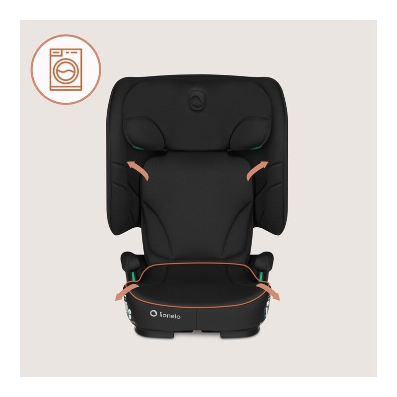 Scaun auto pliabil, Lionelo, Orin, i-Size, 100-150 cm, Tetiera reglabila in 14 pozitii, Spatar in 4 pozitii, Isofix+Top Tether, Sezut ergonomic, Husa transport, Suport sticla, Negru Carbon