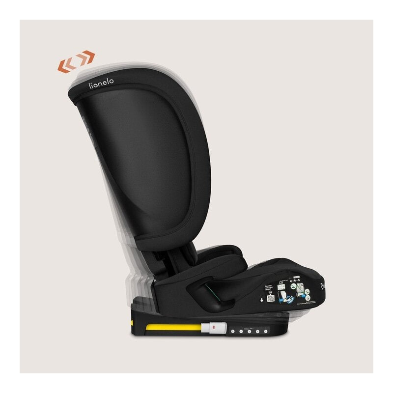 Scaun auto pliabil, Lionelo, Orin, i-Size, 100-150 cm, Tetiera reglabila in 14 pozitii, Spatar in 4 pozitii, Isofix+Top Tether, Sezut ergonomic, Husa transport, Suport sticla, Negru Carbon