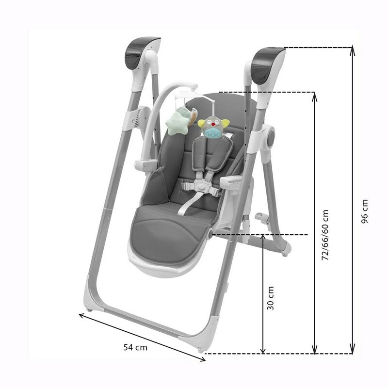 Scaun de masa 2 in 1, New Baby, Smart, Poate fi utilizat si ca leagan pentru copii, Cu telecomanda, Spatar reglabil in 4 pozitii, Cu 5 viteze de leganare, Cu melodii si jucarii, 0-36 luni, Grey