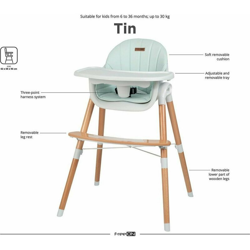 Scaun de masa, FreeON, Tin, 2 in 1 reglabil, Cu tavita si husa detasabile, Suport pentru picioare reglabil, Conform cu standardul european de securitate EN 14988:2017+A1:2020, Light Green - gogobaby.ro