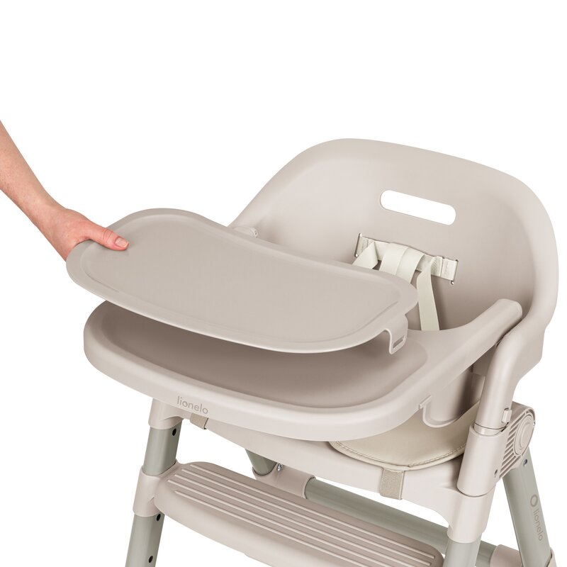Scaun de masa, Lionelo, Matt, 3 in 1, Pliabil, Cu tava detasabila, Cu centuri de siguranta in 5 puncte, Suport pentru picioare si sezut reglabile, Pana la 110 kg, 6 luni – adult, Bej