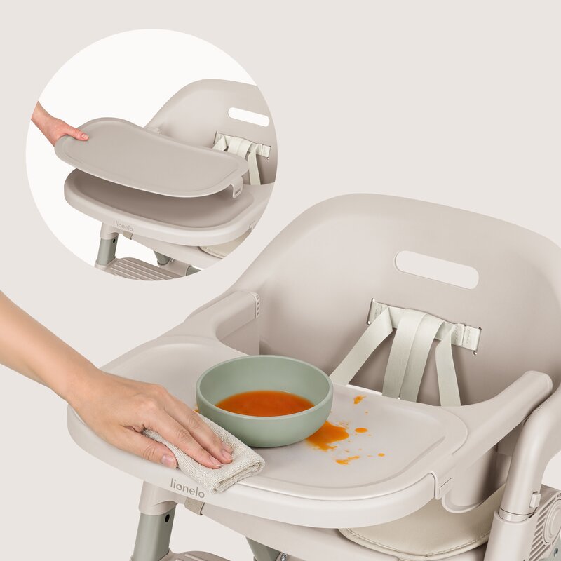 Scaun de masa, Lionelo, Matt, 3 in 1, Pliabil, Cu tava detasabila, Cu centuri de siguranta in 5 puncte, Suport pentru picioare si sezut reglabile, Pana la 110 kg, 6 luni – adult, Bej