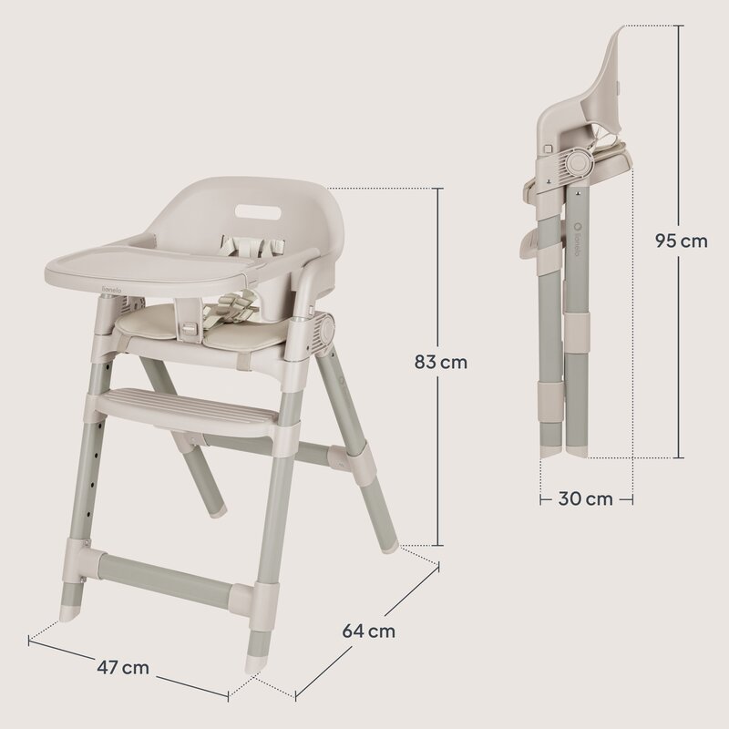 Scaun de masa, Lionelo, Matt, 3 in 1, Pliabil, Cu tava detasabila, Cu centuri de siguranta in 5 puncte, Suport pentru picioare si sezut reglabile, Pana la 110 kg, 6 luni – adult, Bej