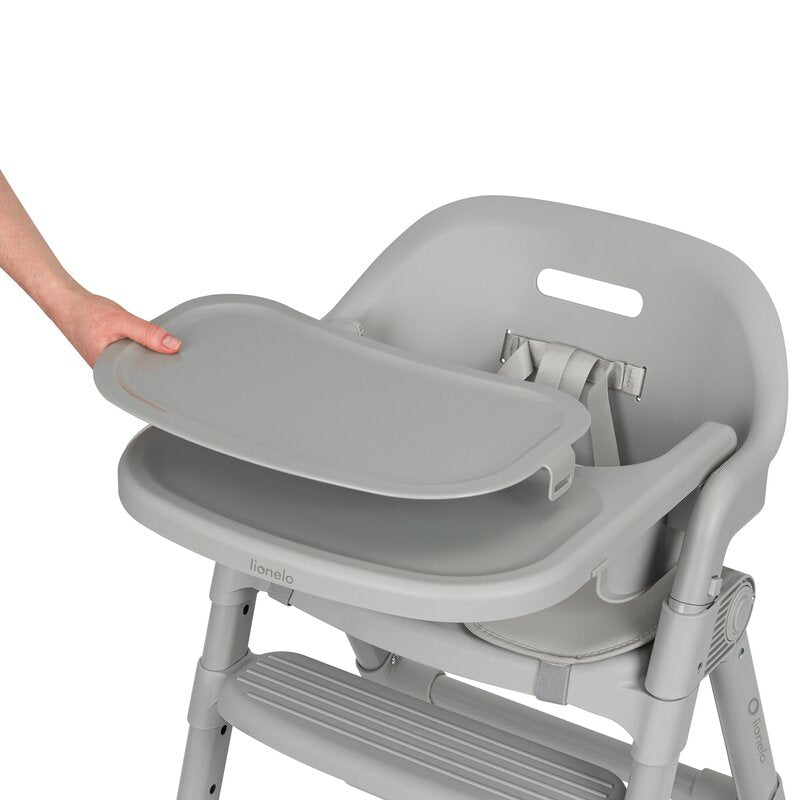 Scaun de masa, Lionelo, Matt, 3 in 1, Pliabil, Cu tava detasabila, Cu centuri de siguranta in 5 puncte, Suport pentru picioare si sezut reglabile, Pana la 110 kg, 6 luni – adult, Gri
