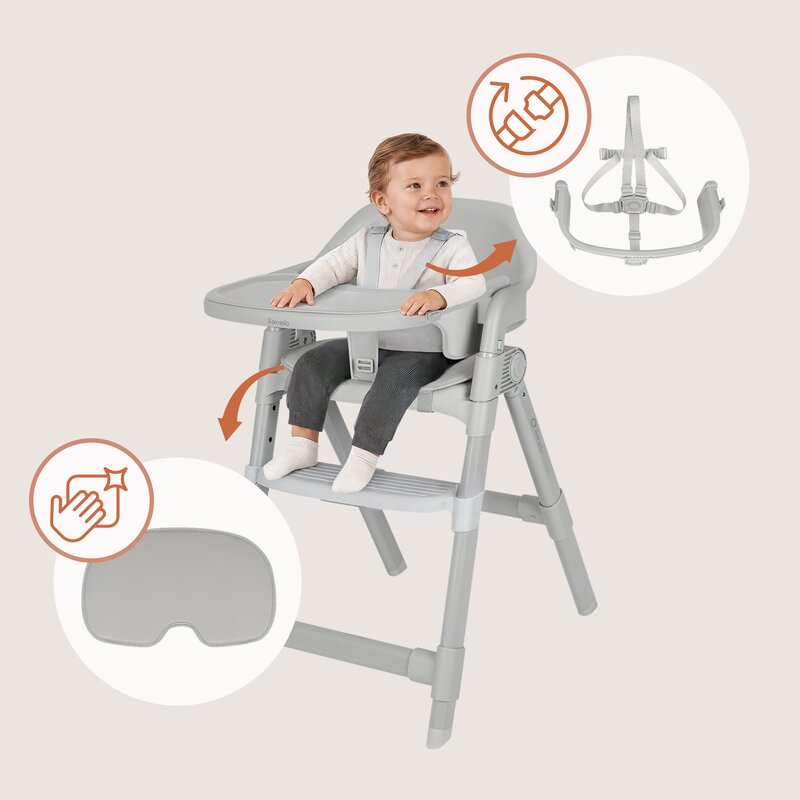 Scaun de masa, Lionelo, Matt, 3 in 1, Pliabil, Cu tava detasabila, Cu centuri de siguranta in 5 puncte, Suport pentru picioare si sezut reglabile, Pana la 110 kg, 6 luni – adult, Gri