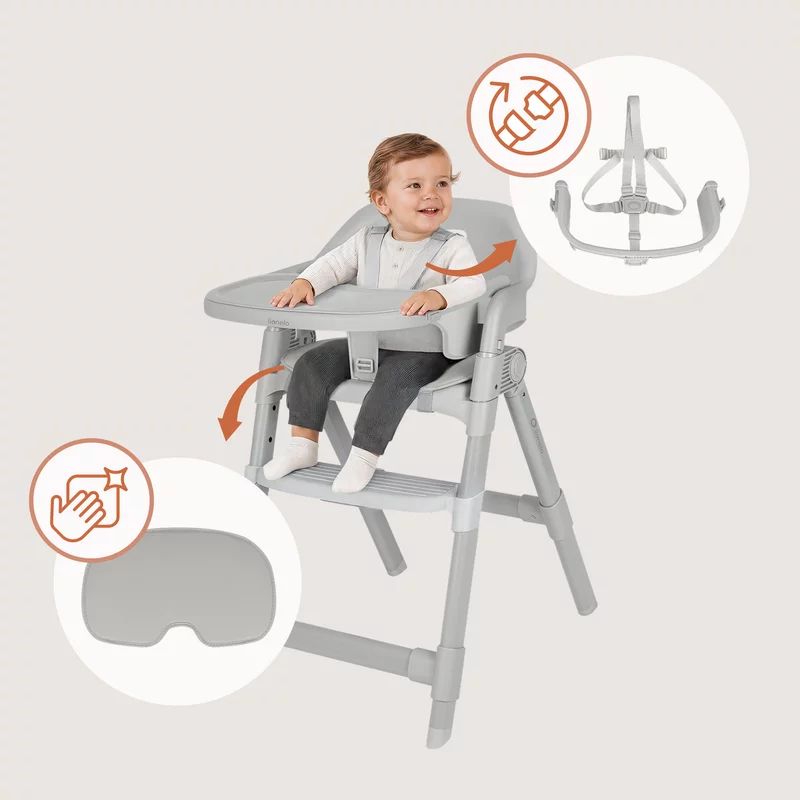 Scaun de masa, Lionelo, Matt, 3 in 1, Pliabil, Cu tava detasabila, Cu centuri de siguranta in 5 puncte, Suport pentru picioare si sezut reglabile, Pana la 110 kg, 6 luni – adult, Gri