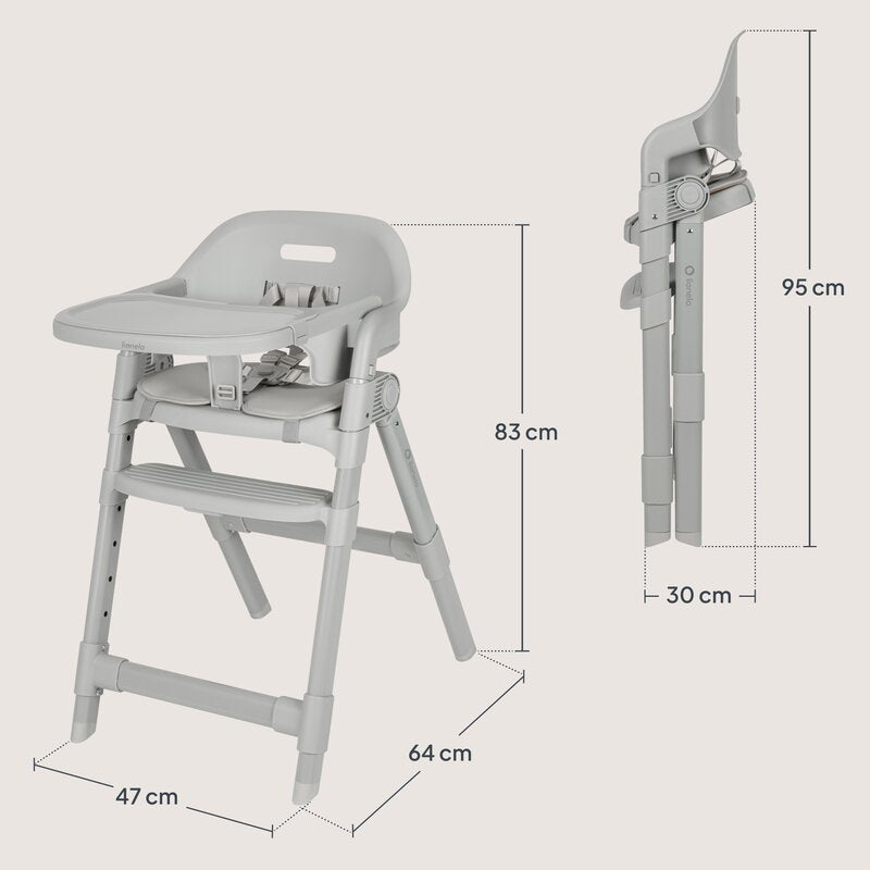 Scaun de masa, Lionelo, Matt, 3 in 1, Pliabil, Cu tava detasabila, Cu centuri de siguranta in 5 puncte, Suport pentru picioare si sezut reglabile, Pana la 110 kg, 6 luni – adult, Gri