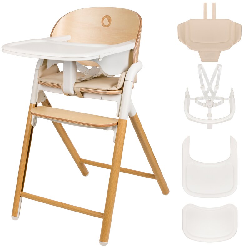 Scaun de masa multifunctional Celia, Lionelo, Din lemn de fag, 6 luni- adult, Reglabil pe inaltime, Spatar lat, Sezut ergonomic, Tavita silicon, Suport de picioare reglabil, Greutate maxima 90 Kg, Alb/Natural