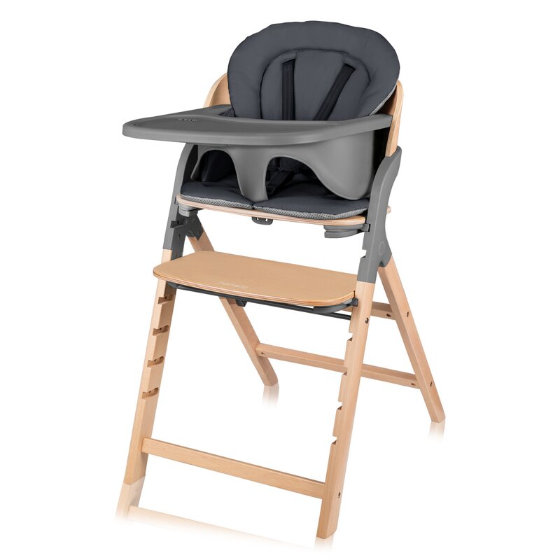 Scaun de masa multifunctional Megan, Lionelo, Din lemn de fag, 6 luni- adult, Reglabil pe inaltime, Husa impermeabila, Tavita silicon, Suport de picioare reglabil, Greutate maxima 110 Kg, Gri