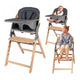 Scaun de masa multifunctional Megan, Lionelo, Din lemn de fag, 6 luni- adult, Reglabil pe inaltime, Husa impermeabila, Tavita silicon, Suport de picioare reglabil, Greutate maxima 110 Kg, Gri