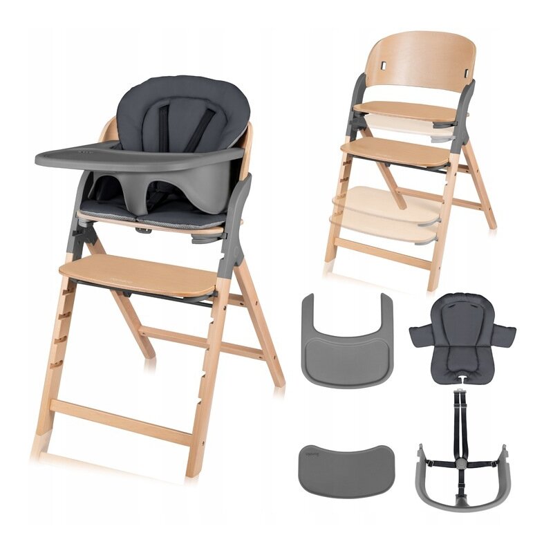 Scaun de masa multifunctional Megan, Lionelo, Din lemn de fag, 6 luni- adult, Reglabil pe inaltime, Husa impermeabila, Tavita silicon, Suport de picioare reglabil, Greutate maxima 110 Kg, Gri