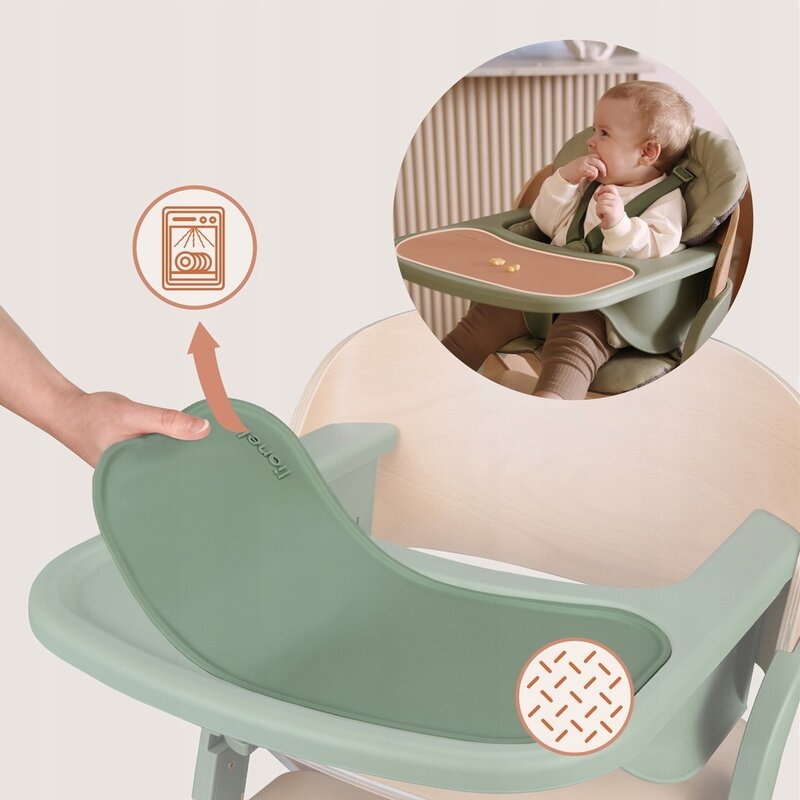 Scaun de masa multifunctional Megan, Lionelo, Din lemn de fag, 6 luni- adult, Reglabil pe inaltime, Husa impermeabila, Tavita silicon, Suport de picioare reglabil, Greutate maxima 110 Kg, Verde