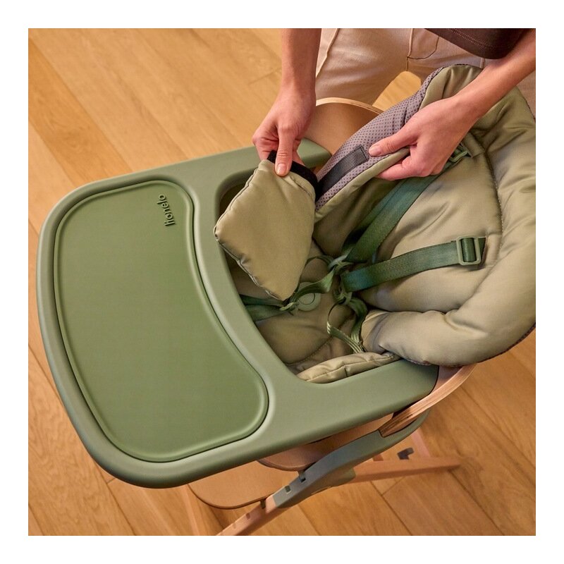 Scaun de masa multifunctional Megan, Lionelo, Din lemn de fag, 6 luni- adult, Reglabil pe inaltime, Husa impermeabila, Tavita silicon, Suport de picioare reglabil, Greutate maxima 110 Kg, Verde