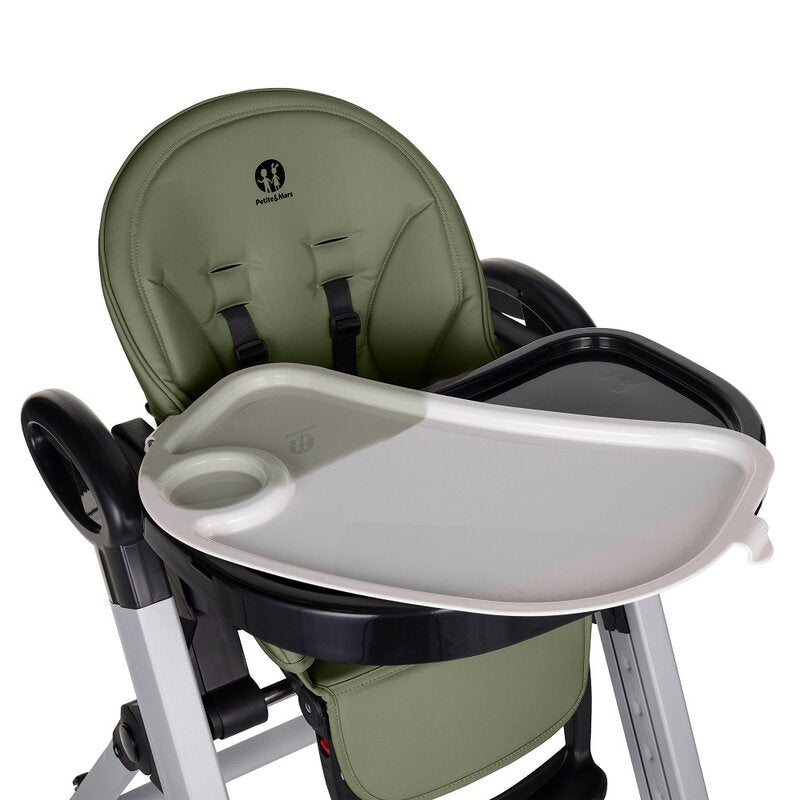 Scaun de masa, Petite&Mars, Tasty, Multifunctional, Pana la 15 kg, Reglabil pe inaltime in 7 pozitii, Spatar reglabil pana la 175 grade, Suport picioare si tavita reglabile, Cu roti, Aluminiu, Mature Olive