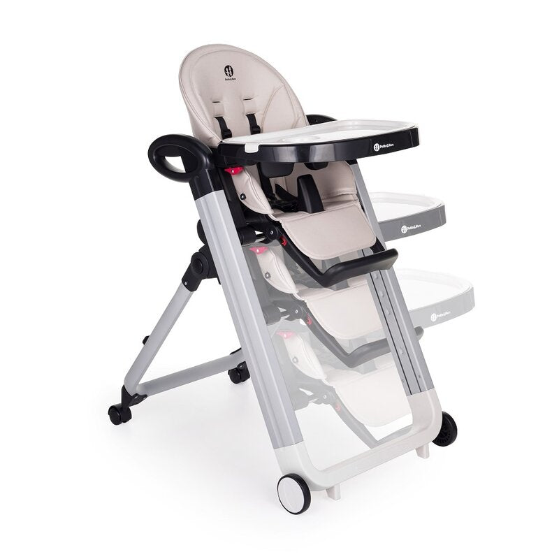Scaun de masa, Petite&Mars, Tasty, Multifunctional, Pana la 15 kg, Reglabil pe inaltime in 7 pozitii, Spatar reglabil pana la 175 grade, Suport picioare si tavita reglabile, Cu roti, Aluminiu, Jasmine Honey