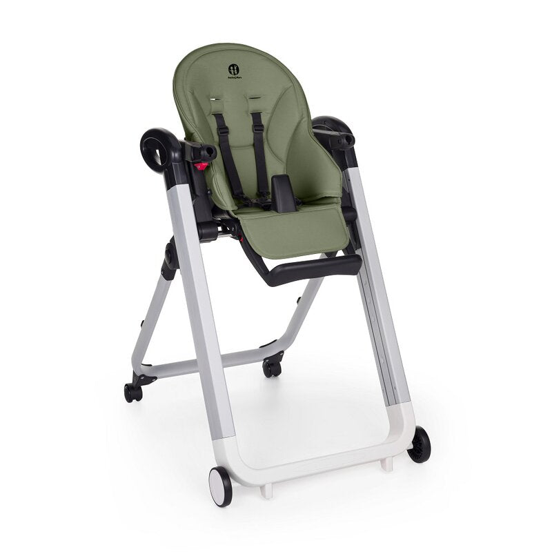 Scaun de masa, Petite&Mars, Tasty, Multifunctional, Pana la 15 kg, Reglabil pe inaltime in 7 pozitii, Spatar reglabil pana la 175 grade, Suport picioare si tavita reglabile, Cu roti, Aluminiu, Mature Olive