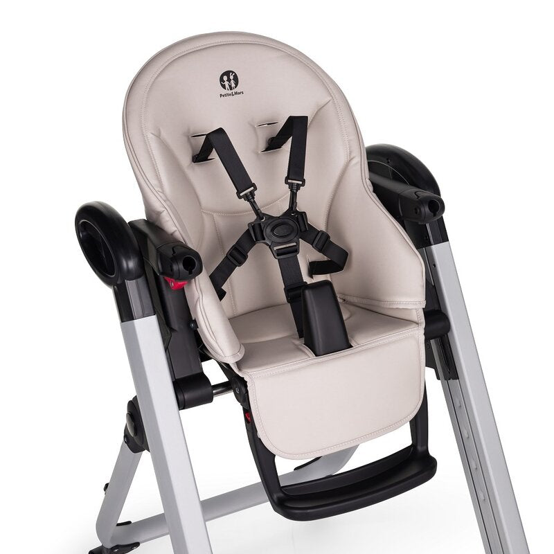 Scaun de masa, Petite&Mars, Tasty, Multifunctional, Pana la 15 kg, Reglabil pe inaltime in 7 pozitii, Spatar reglabil pana la 175 grade, Suport picioare si tavita reglabile, Cu roti, Aluminiu, Jasmine Honey