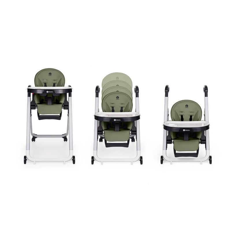Scaun de masa, Petite&Mars, Tasty, Multifunctional, Pana la 15 kg, Reglabil pe inaltime in 7 pozitii, Spatar reglabil pana la 175 grade, Suport picioare si tavita reglabile, Cu roti, Aluminiu, Mature Olive