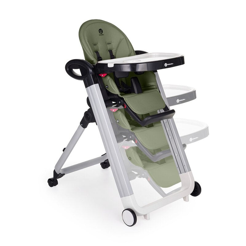 Scaun de masa, Petite&Mars, Tasty, Multifunctional, Pana la 15 kg, Reglabil pe inaltime in 7 pozitii, Spatar reglabil pana la 175 grade, Suport picioare si tavita reglabile, Cu roti, Aluminiu, Mature Olive