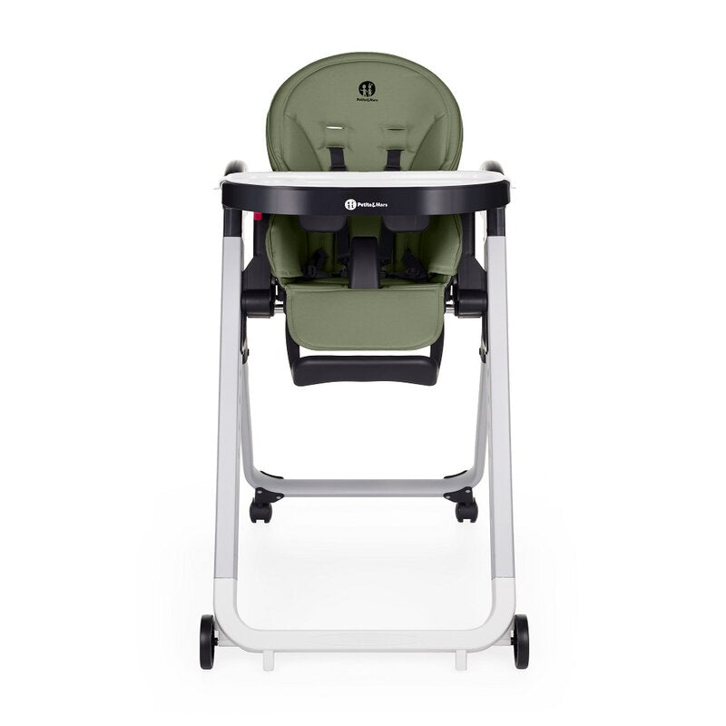 Scaun de masa, Petite&Mars, Tasty, Multifunctional, Pana la 15 kg, Reglabil pe inaltime in 7 pozitii, Spatar reglabil pana la 175 grade, Suport picioare si tavita reglabile, Cu roti, Aluminiu, Mature Olive